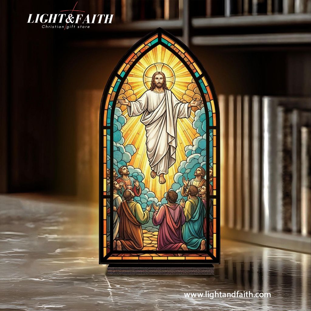 Christian Jesus Ascension Book Nook Decor, Stained Glass Window Style LED Light, Religious Home Altar Decoration, Easter Faith Gift for Believers BNLAF18